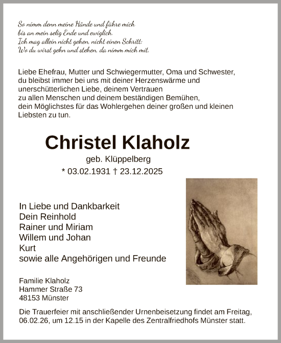 Traueranzeige von Christel Klaholz von HALN