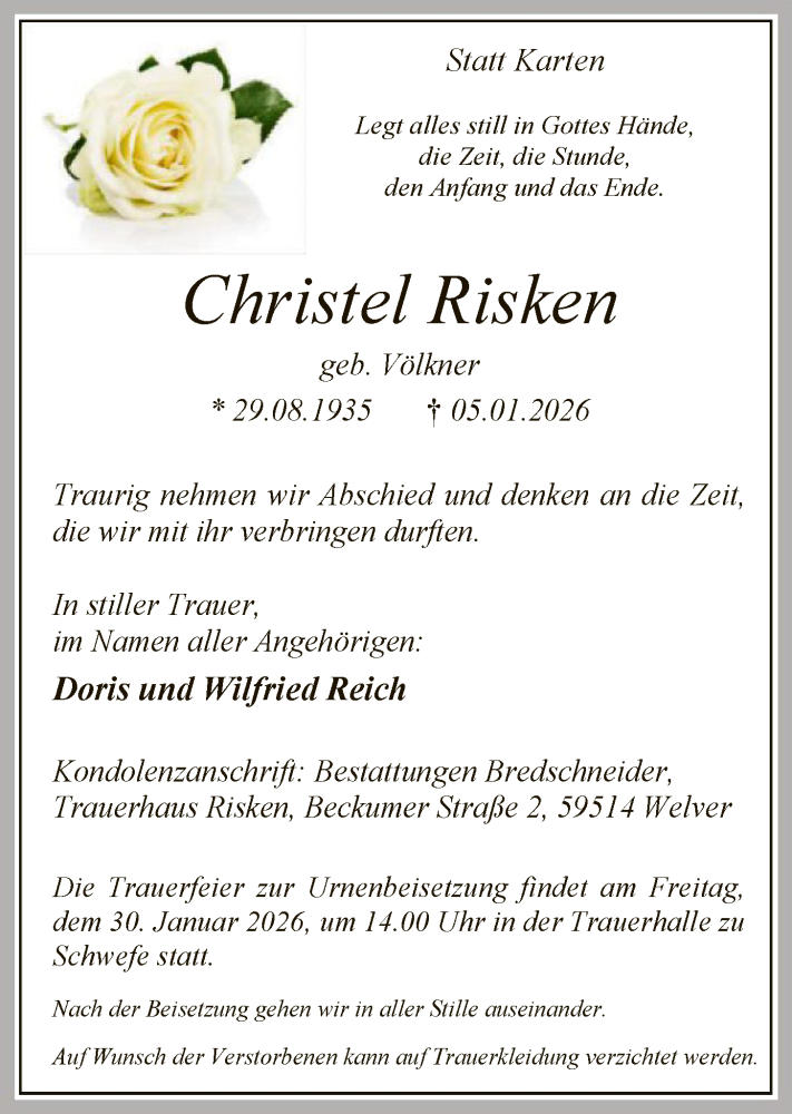  Traueranzeige für Christel Risken vom 24.01.2026 aus HASO