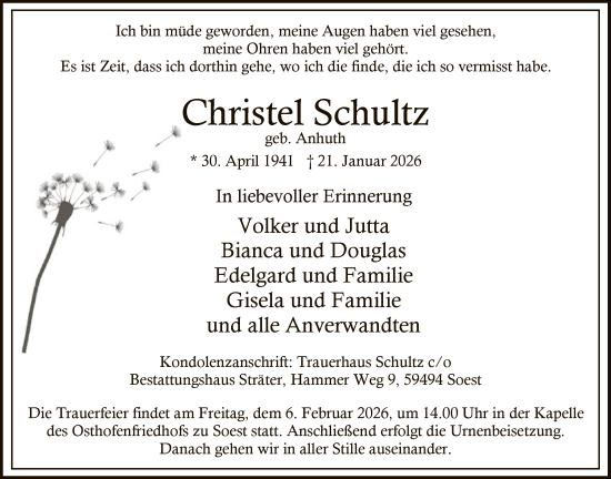 Traueranzeige von Christel Schultz von HASO