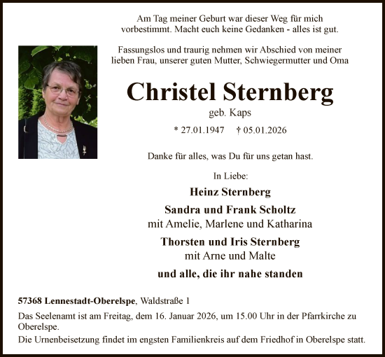 Traueranzeige von Christel Sternberg von HASK