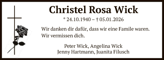 Traueranzeige von Christel Rosa Wick von HASK