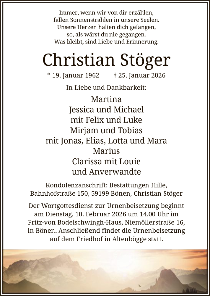  Traueranzeige für Christian Stöger vom 31.01.2026 aus HAWA