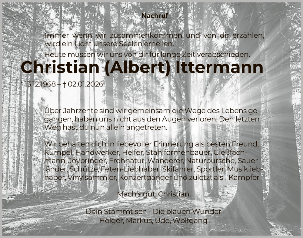  Traueranzeige für Christian Albert Ittermann vom 24.01.2026 aus HASK