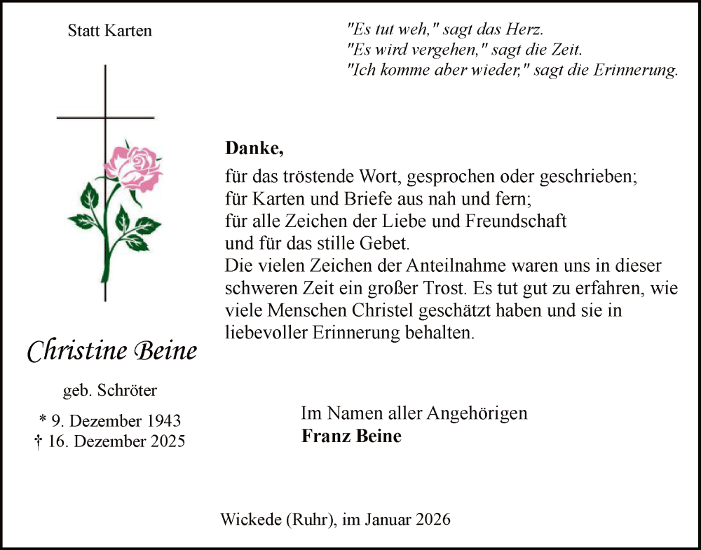  Traueranzeige für Christine Beine vom 24.01.2026 aus HASO
