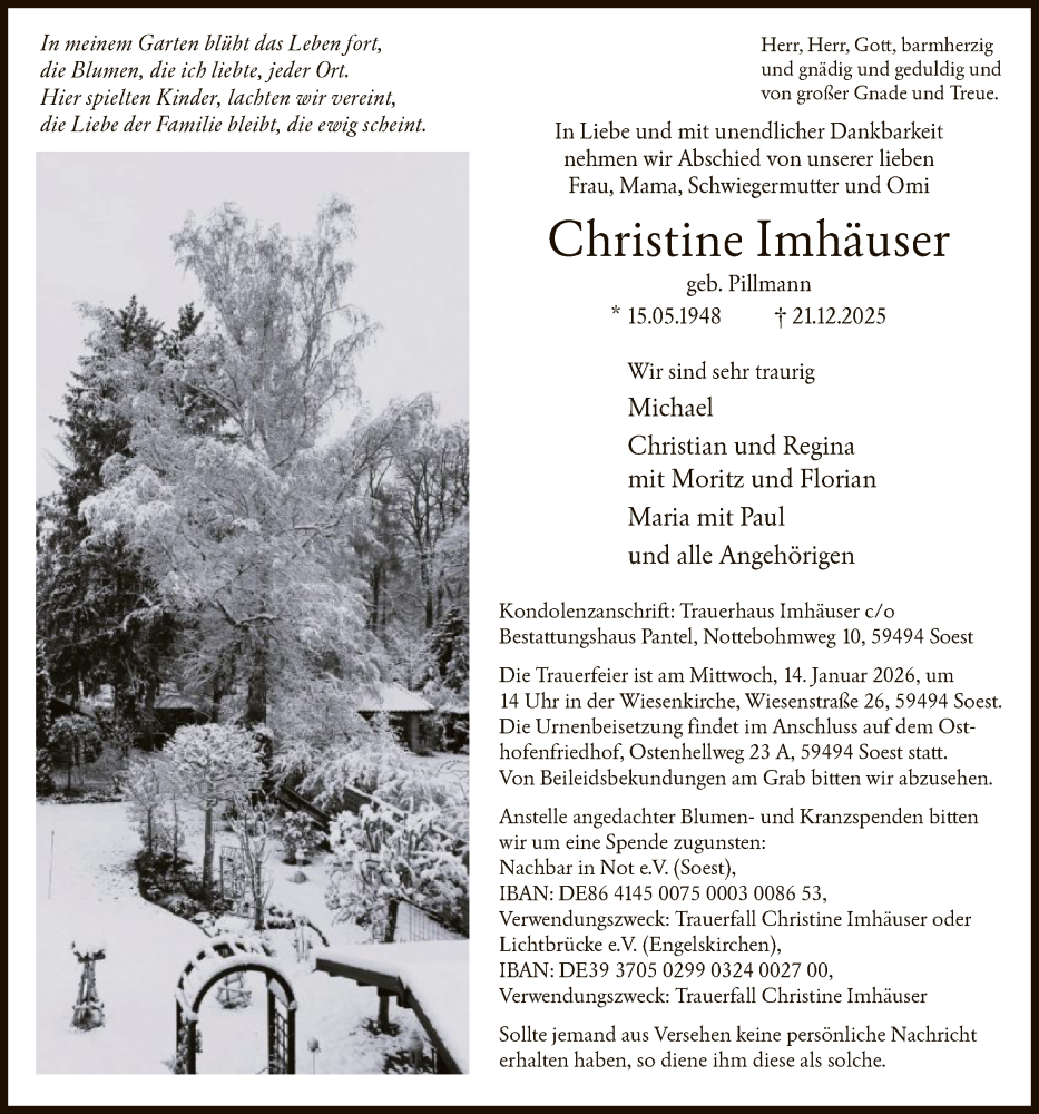  Traueranzeige für Christine Imhäuser vom 10.01.2026 aus HASO