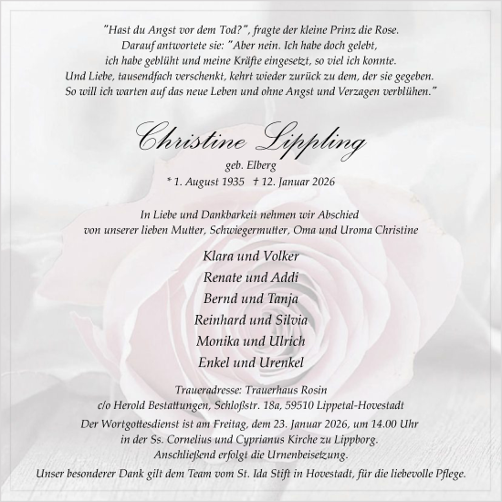 Traueranzeige von Christine Lippling von HASO