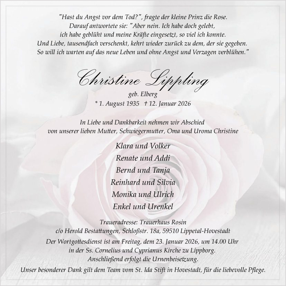  Traueranzeige für Christine Lippling vom 17.01.2026 aus HASO