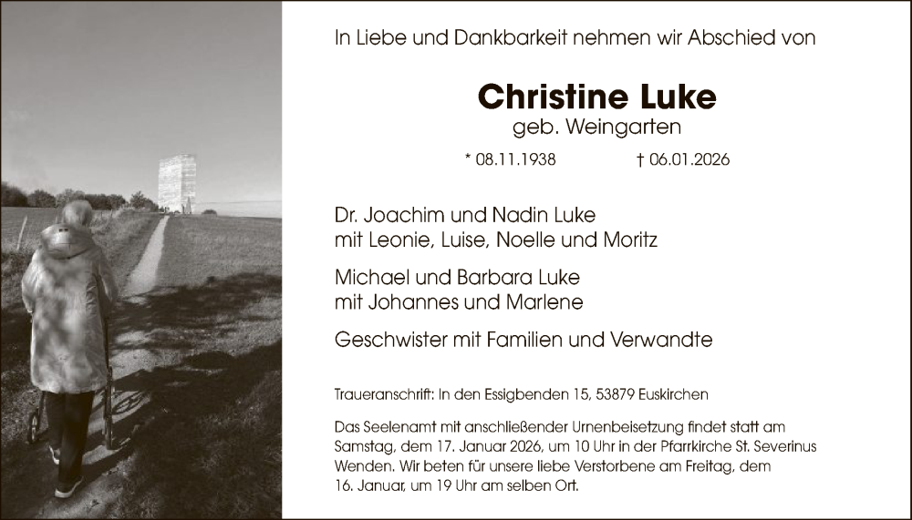  Traueranzeige für Christine Luke vom 10.01.2026 aus HASK