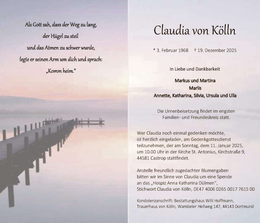  Traueranzeige für Claudia von Kölln vom 03.01.2026 aus HASK