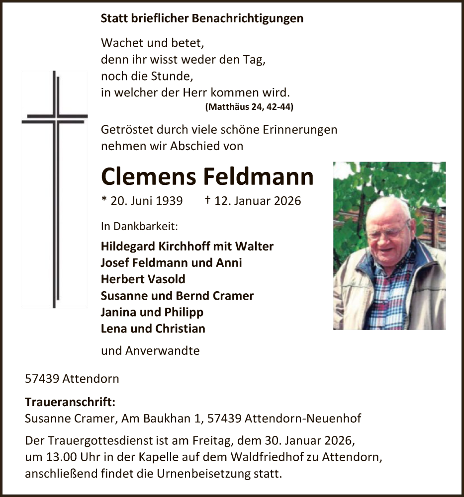  Traueranzeige für Clemens Feldmann vom 24.01.2026 aus HASK