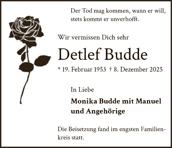 Traueranzeige von Detlef Budde von HAWA