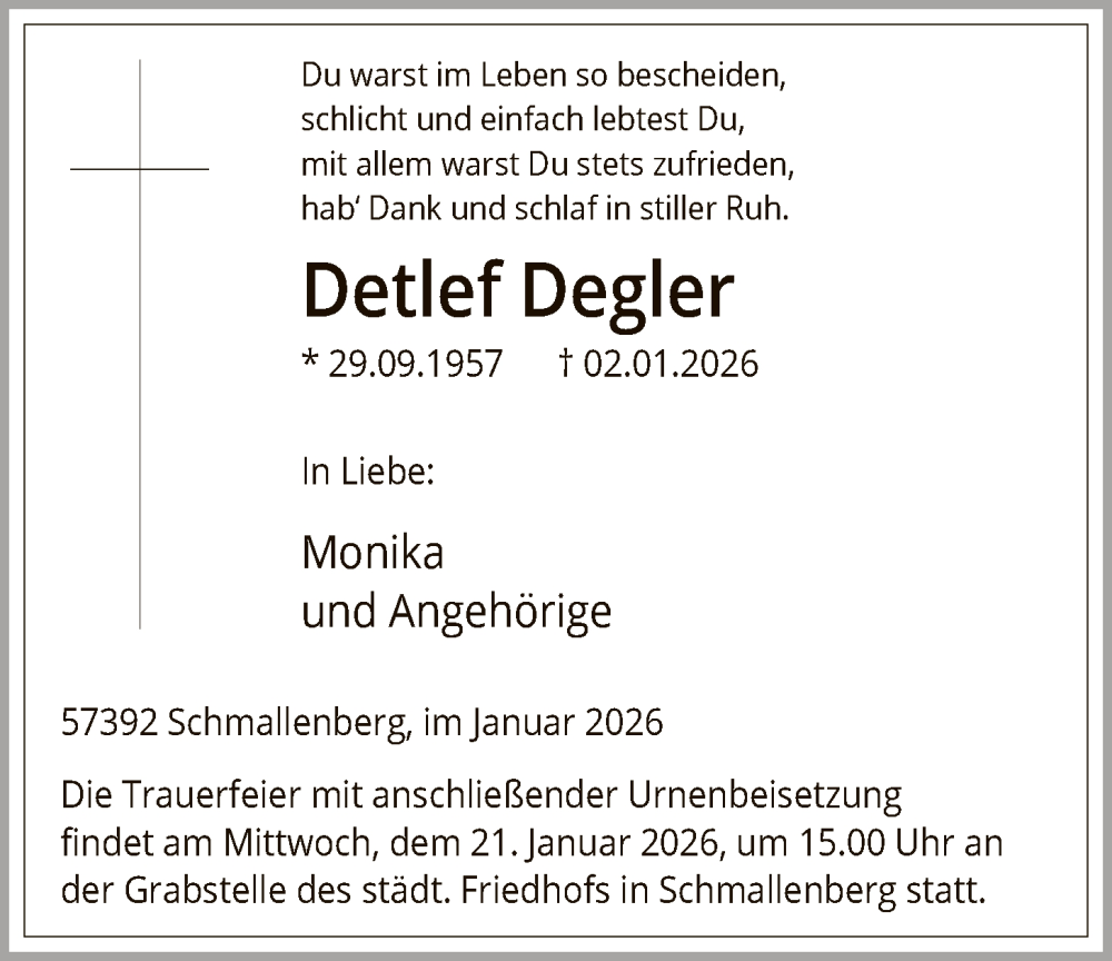  Traueranzeige für Detlef Degler vom 10.01.2026 aus HASK