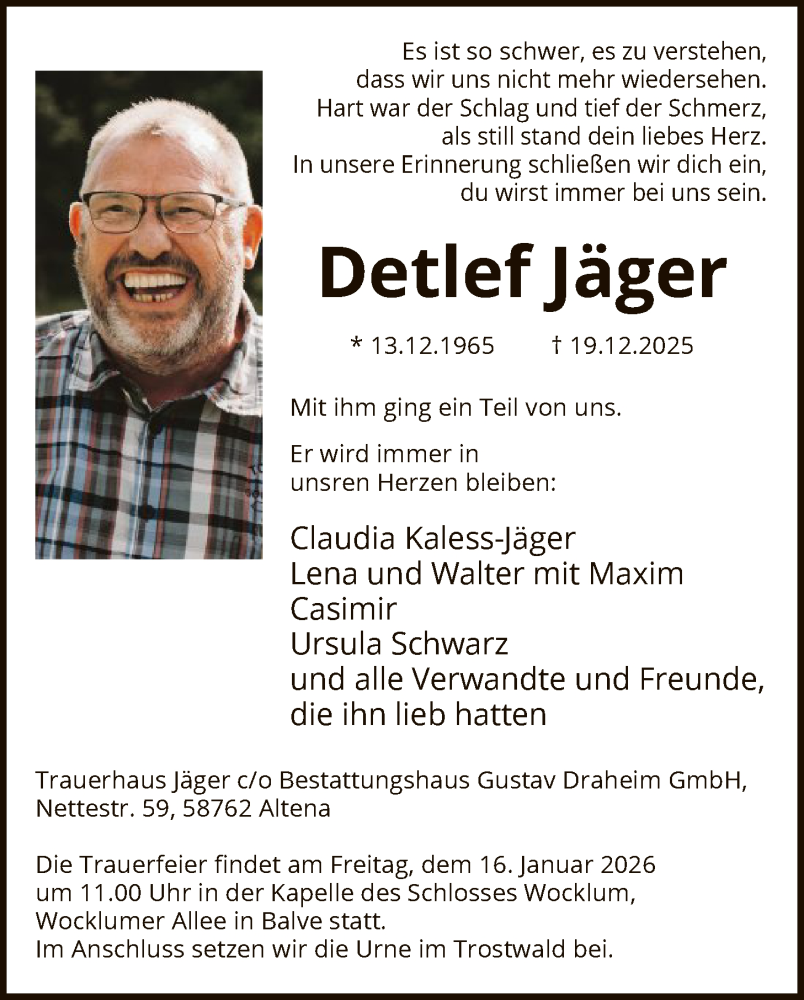  Traueranzeige für Detlef Jäger vom 10.01.2026 aus HALN