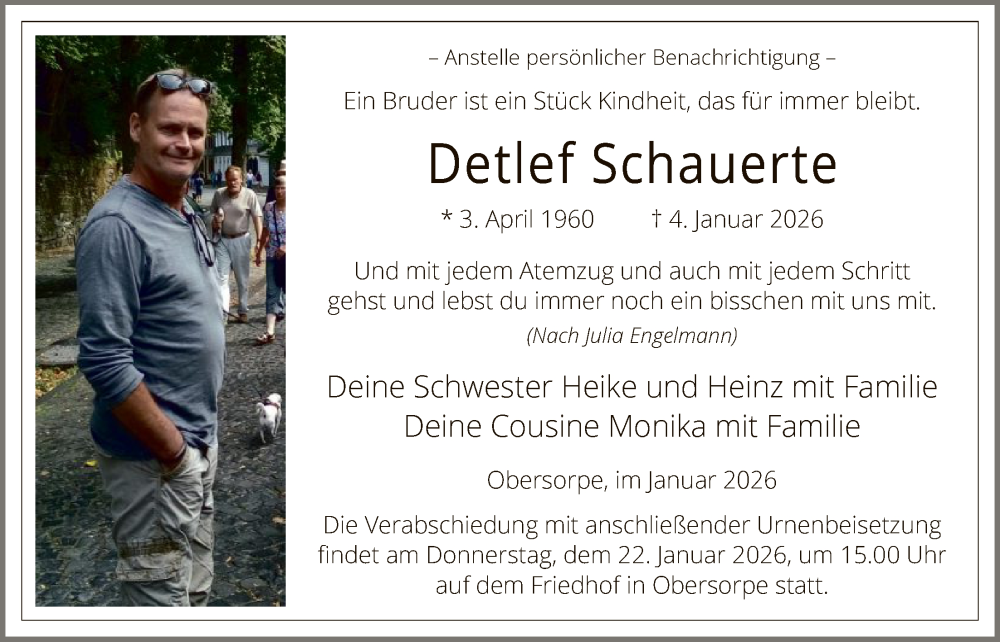  Traueranzeige für Detlef Schauerte vom 17.01.2026 aus HASK
