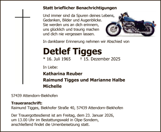 Traueranzeige von Detlef Tigges von HASK