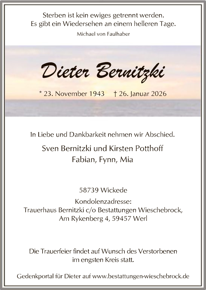  Traueranzeige für Dieter Bernitzki vom 31.01.2026 aus HASO