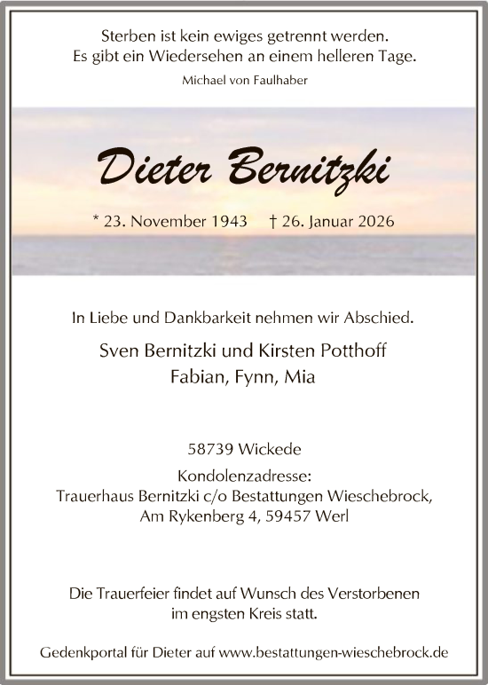 Traueranzeige von Dieter Bernitzki von HASO