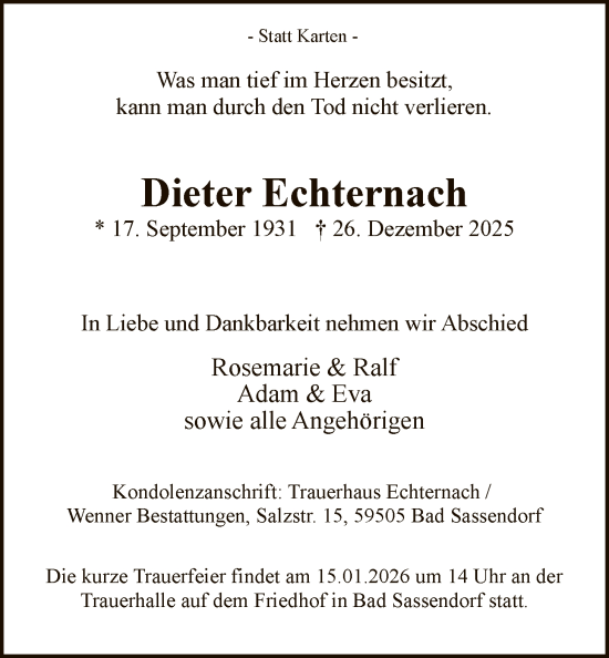 Traueranzeige von Dieter Echternach von HASO