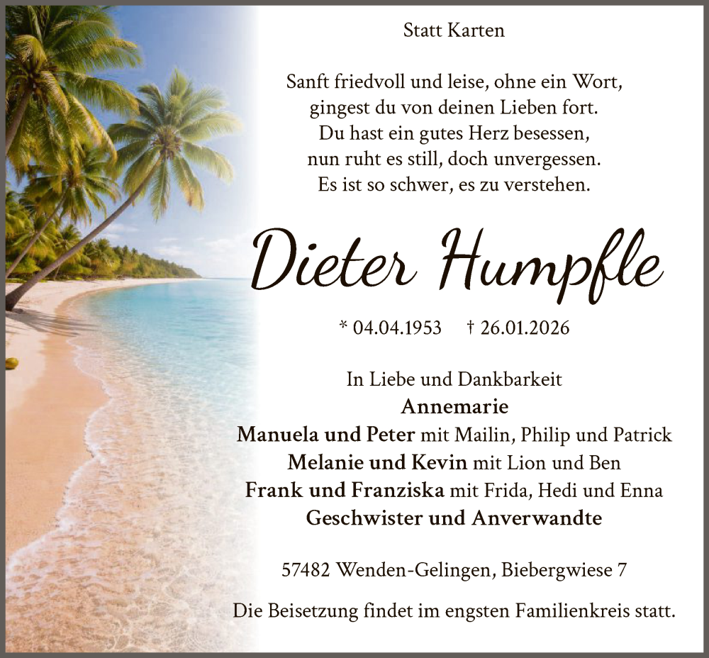  Traueranzeige für Dieter Humpfle vom 31.01.2026 aus HASK