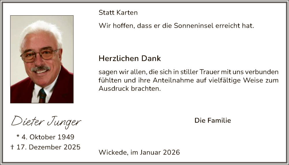  Traueranzeige für Dieter Junger vom 24.01.2026 aus HASO