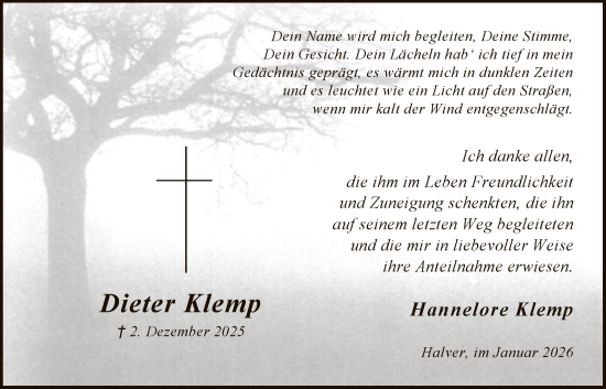 Traueranzeige von Dieter Klemp von HALN
