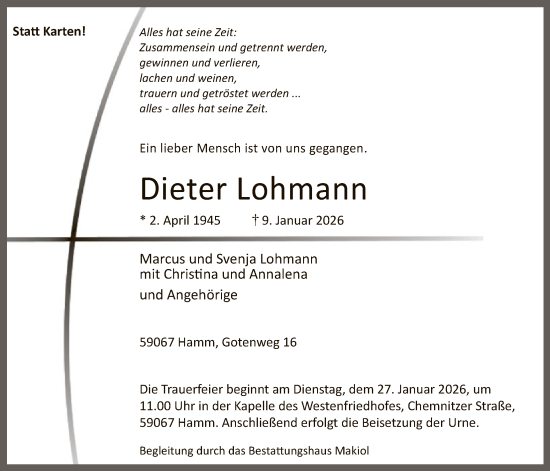 Traueranzeige von Dieter Lohmann von HAWA