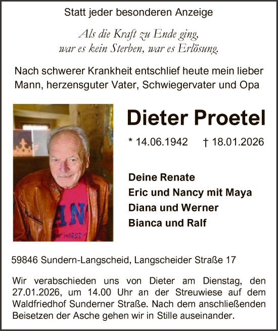 Traueranzeige von Dieter Proetel von HASK