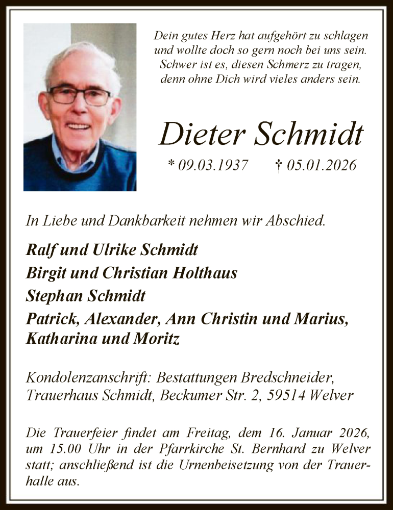 Traueranzeige für Dieter Schmidt vom 10.01.2026 aus HASO