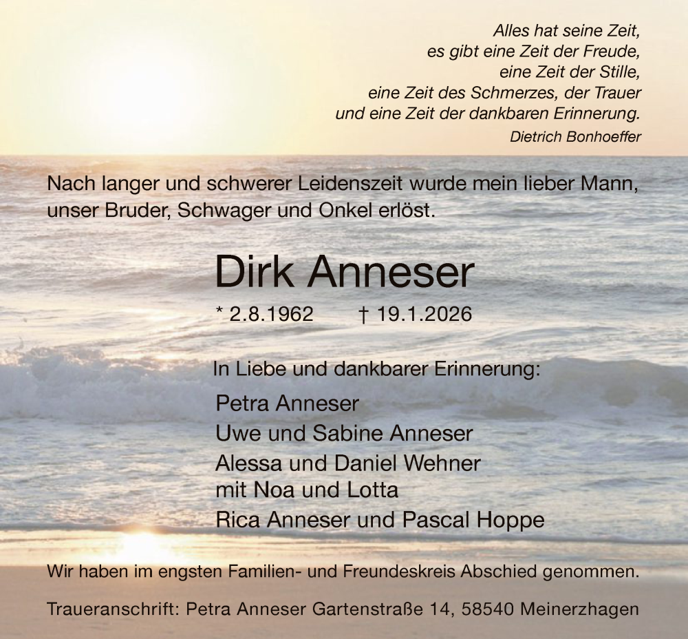  Traueranzeige für Dirk Anneser vom 31.01.2026 aus HALN
