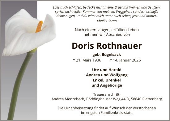 Traueranzeige von Doris Rothnauer von HALN