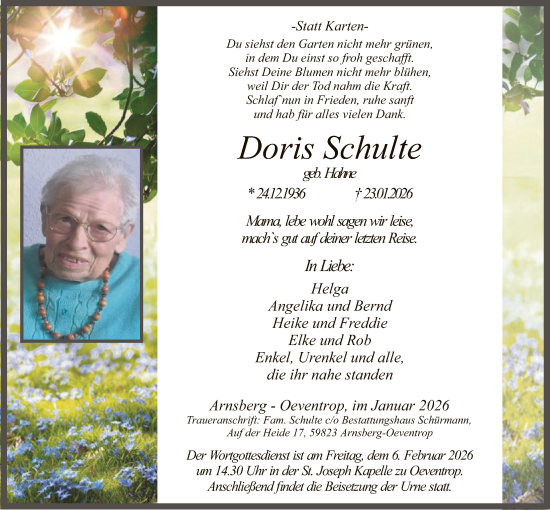 Traueranzeige von Doris Schulte von HASK