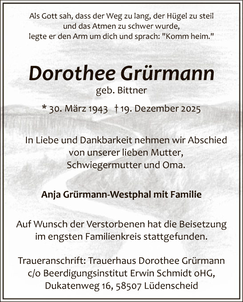 Traueranzeige für Dorothee Grürmann vom 03.01.2026 aus HALN