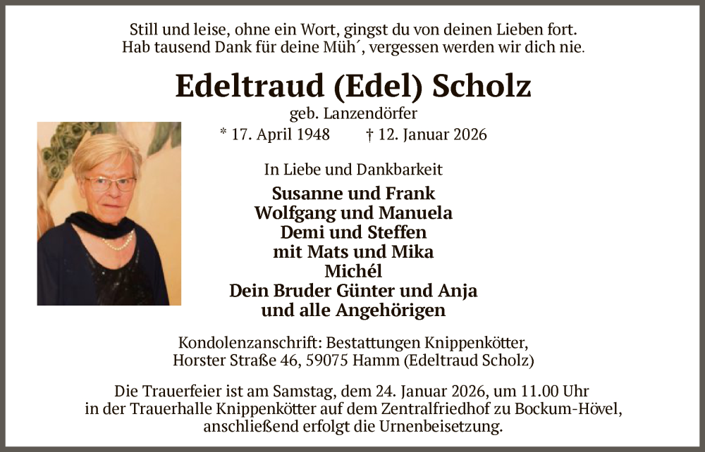  Traueranzeige für Edeltraud Scholz vom 17.01.2026 aus HAWA