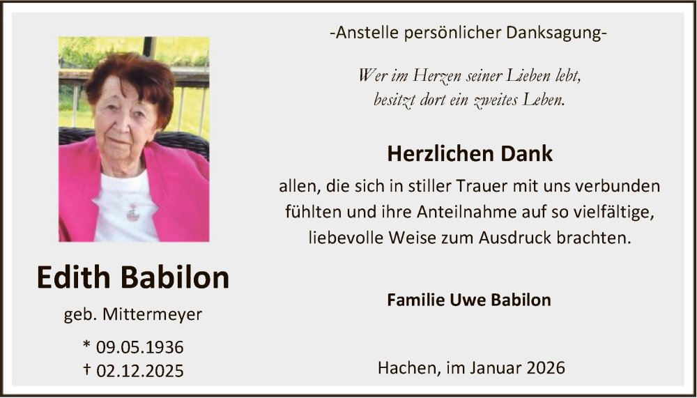  Traueranzeige für Edith Babilon vom 10.01.2026 aus HASK