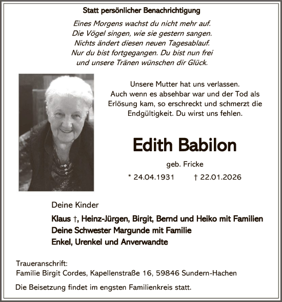 Traueranzeige von Edith Babilon von HASK