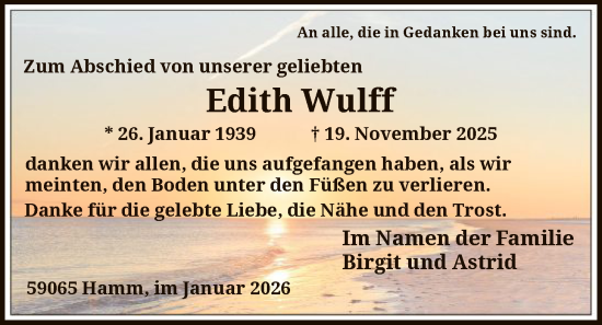 Traueranzeige von Edith Wulff von HAWA