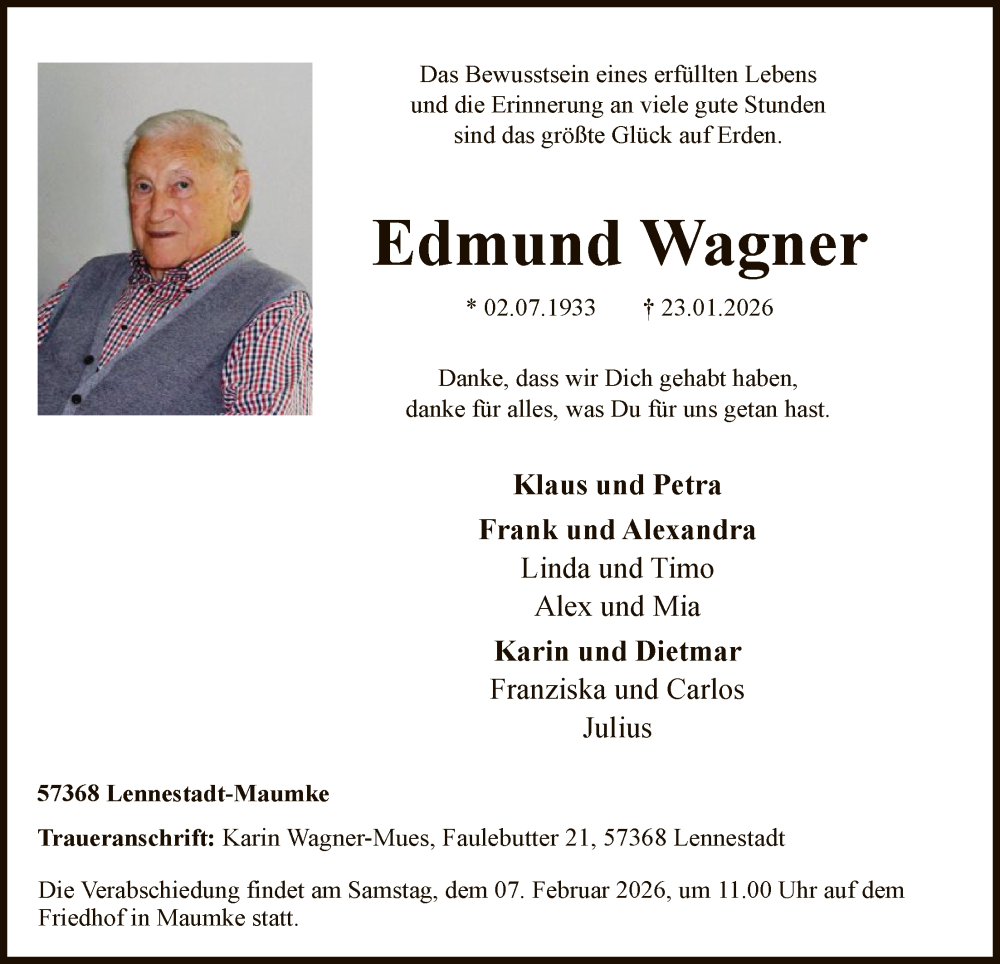  Traueranzeige für Edmund Wagner vom 31.01.2026 aus HASK