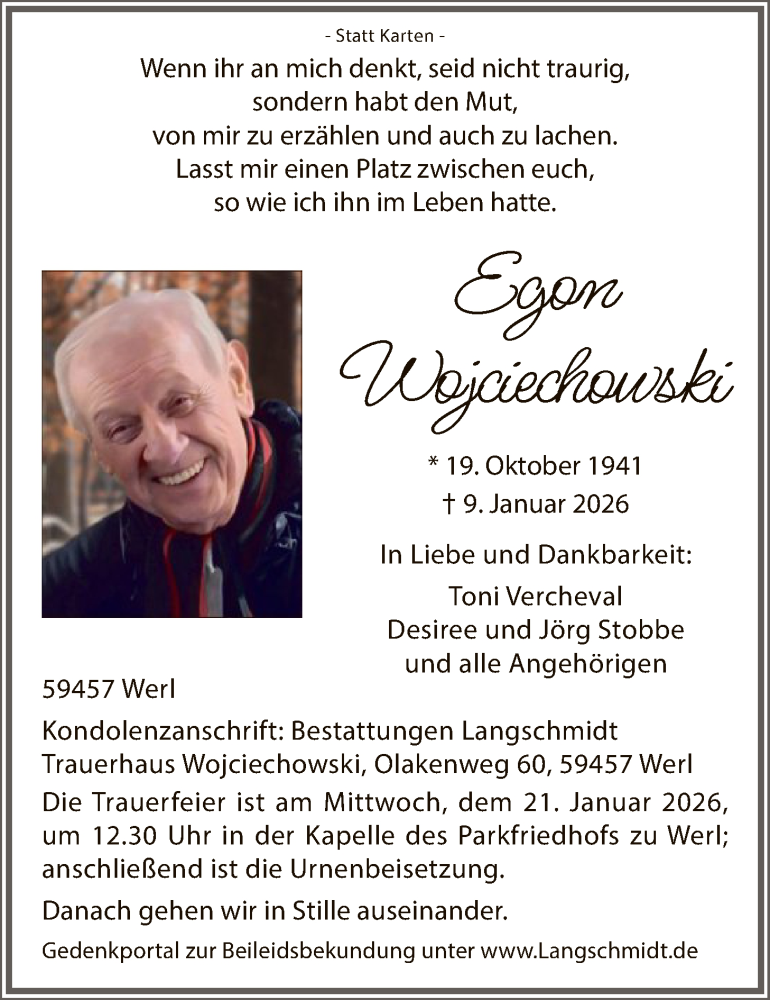  Traueranzeige für Egon Wojciechowski vom 17.01.2026 aus HASO