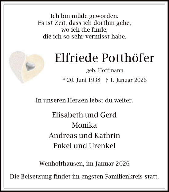 Traueranzeige von Elfriede Potthöfer von HASK