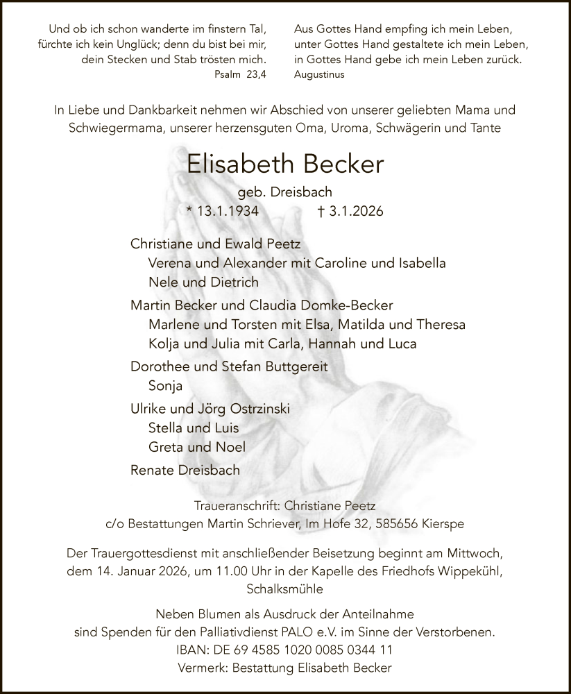  Traueranzeige für Elisabeth Becker vom 10.01.2026 aus HALN