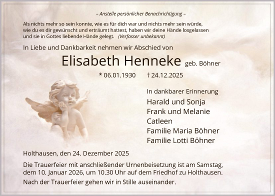 Traueranzeige von Elisabeth Henneke von HASK