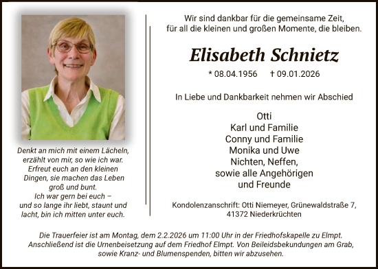 Traueranzeige von Elisabeth Schnietz von HASO