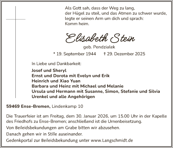 Traueranzeige von Elisabeth Stein von HASO