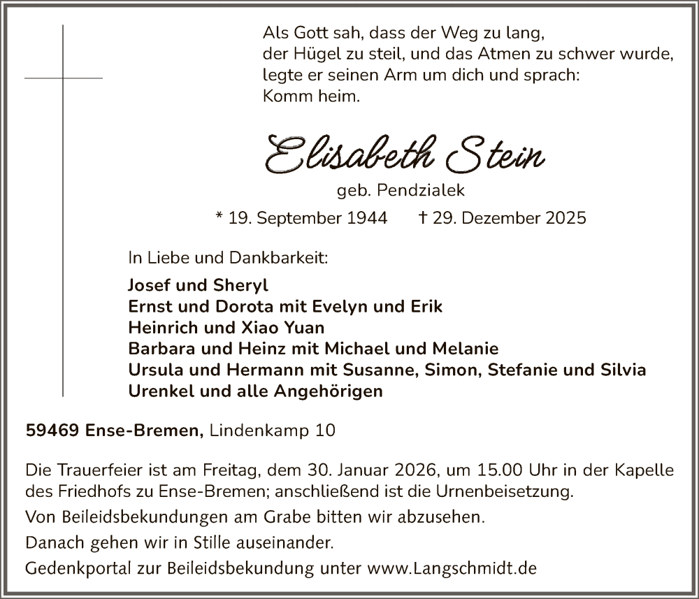  Traueranzeige für Elisabeth Stein vom 06.01.2026 aus HASO