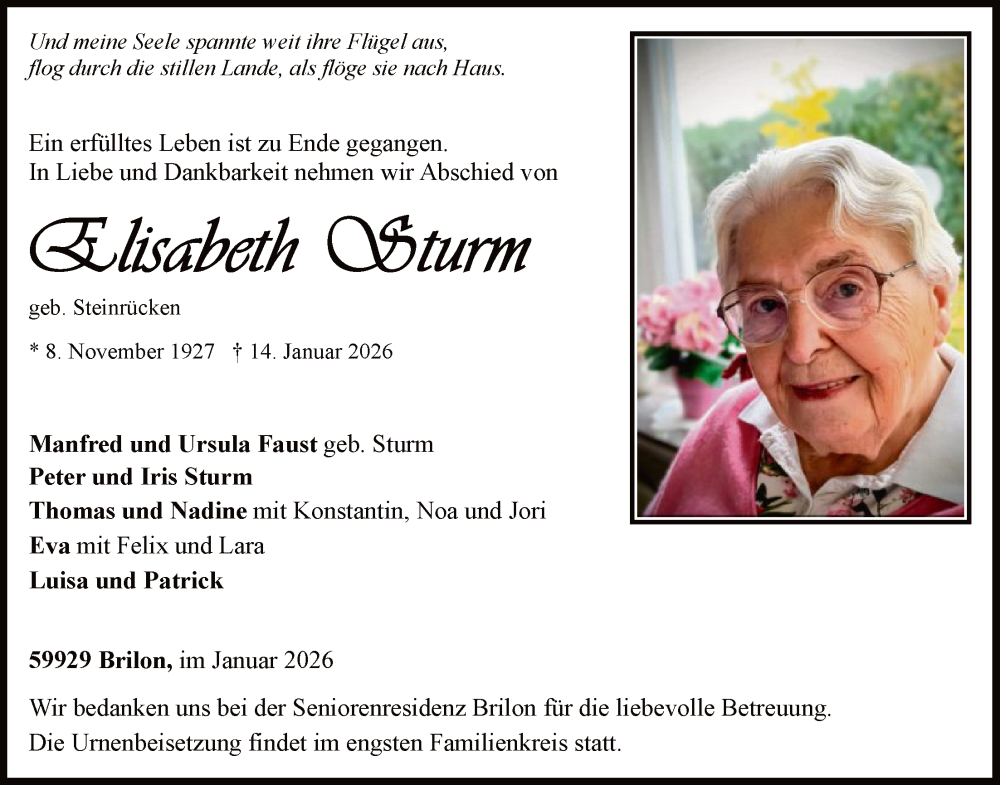  Traueranzeige für Elisabeth Sturm vom 24.01.2026 aus HASK
