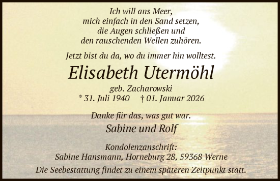 Traueranzeige von Elisabeth Utermöhl von HALN
