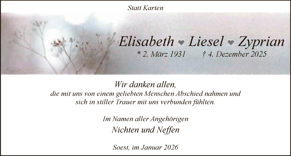  Traueranzeige für Elisabeth Liesl Zyprian vom 10.01.2026 aus HASO