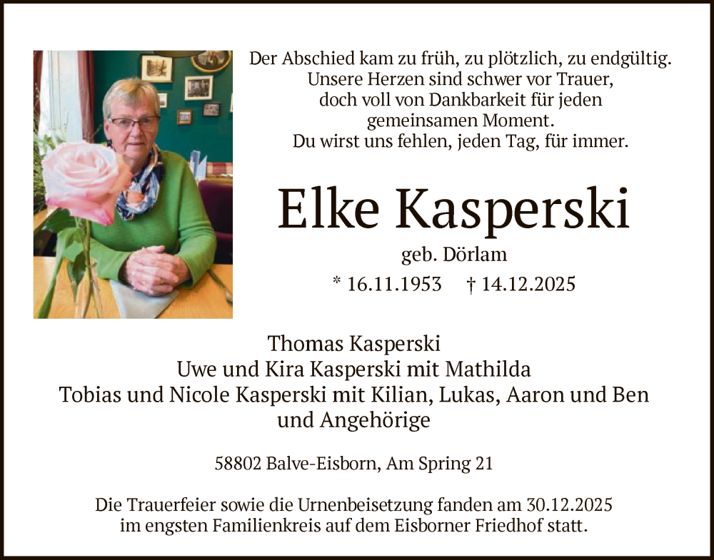  Traueranzeige für Elke Kasperski vom 03.01.2026 aus HALN