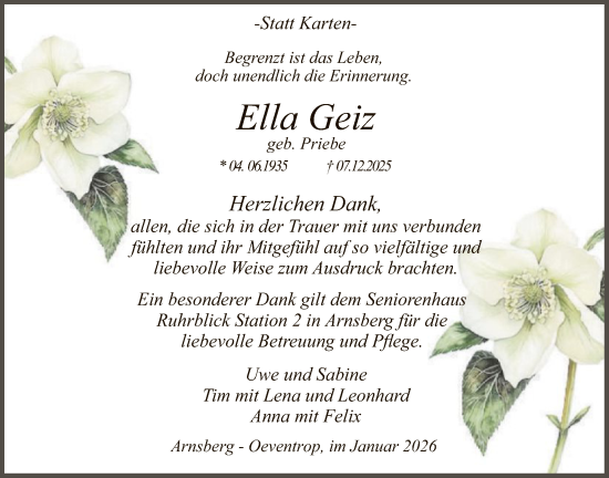 Traueranzeige von Ella Geiz von HASK