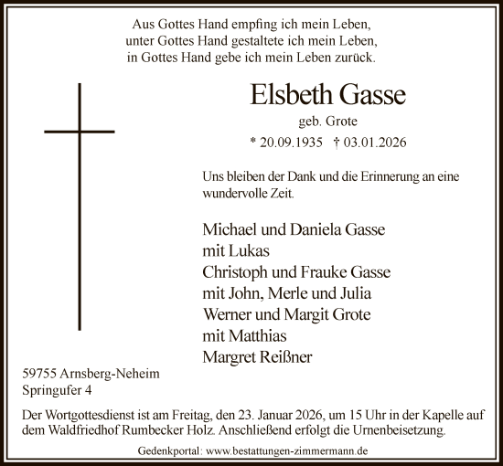 Traueranzeige von Elsbeth Gasse von HASK